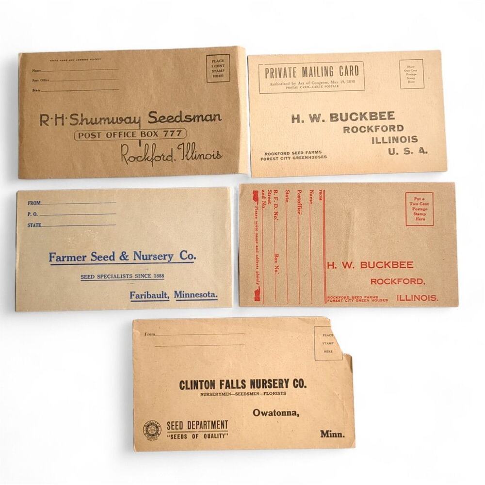 Seed Company Advertising 5 Envelopes HW Buckbee RH Shumway Farmer Seed‎ Vintage